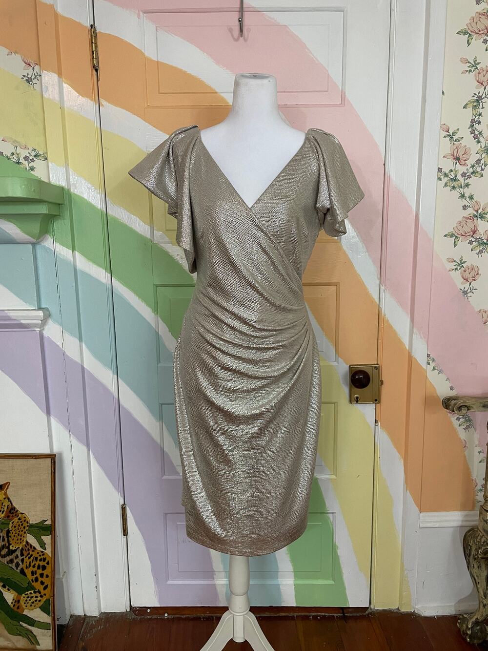 ✨Ralph Lauren Black Label Metallic Ruched V Neck Cocktail Dress Sz 10